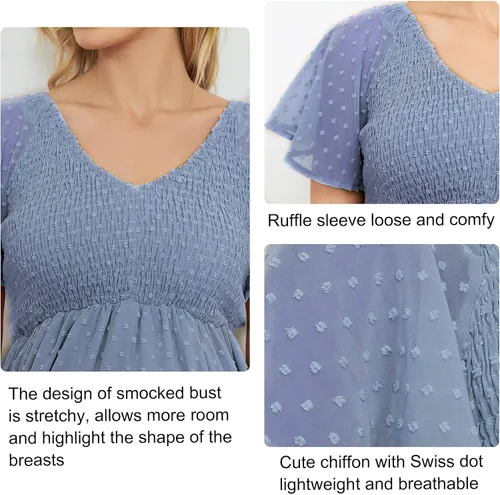 Vista 5 de Vestido de maternidad fruncido de lunares suizos para baby shower, sesión de fotos, casual, cuello en V, manga con volantes, cintura imperio