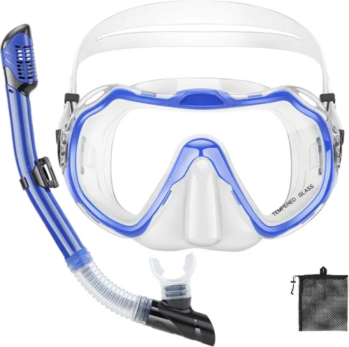 Vista 12 de Snorkeling Gear for Adults, Adult Snorkel Set with Panoramic Anti-Leak and Anti-Fog Tempered Glass Snorkel Mask, Dry Top Snorkel, Snorkle Mask Set