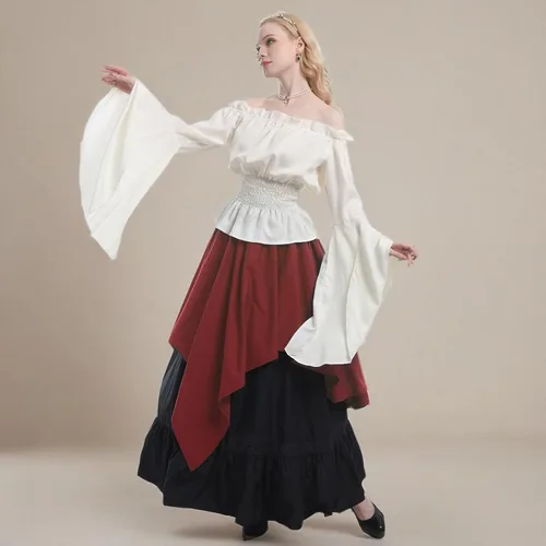 Vista 7 de CR ROLECOS Disfraz renacentista para mujer, vestido medieval de campesina, manga de trompeta victoriana, camisa y falda para feria renacentista