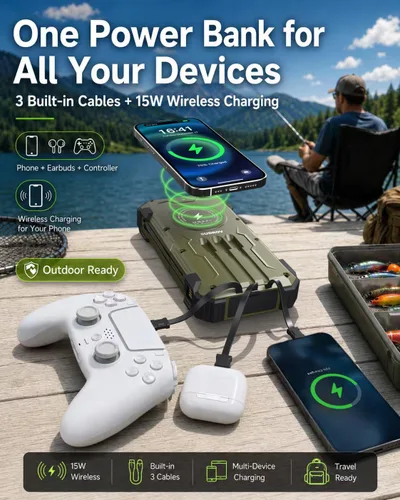 Vista 3 de Sudrov Banco de energía solar de 20,000 mAh, 15 W con cables integrados, cargador portátil, regalos para hombres, él marido, paquete de batería