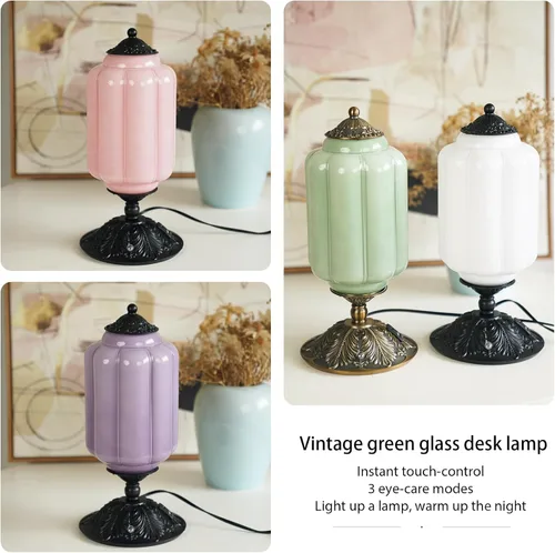Vista 9 de Lámpara de mesa vintage de vidrio de leche con control táctil, elegante lámpara de noche de vidrio blanco regulable de 3 vías con puertos de carga
