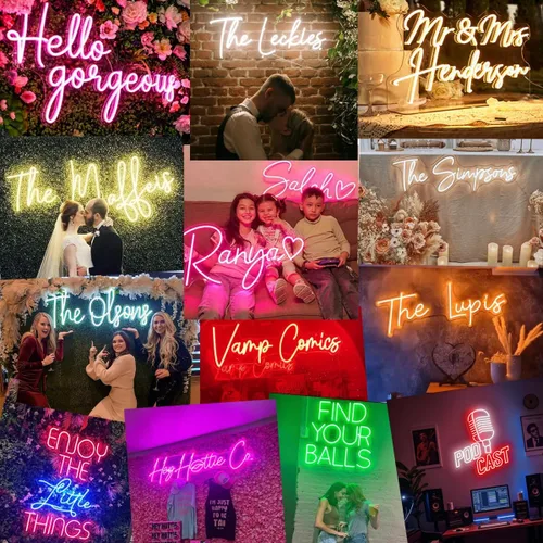 Vista 3 de Letrero de neón personalizado, letreros de neón LED regulables para decoración de pared, luz de neón personalizable para cumpleaños familiar, boda