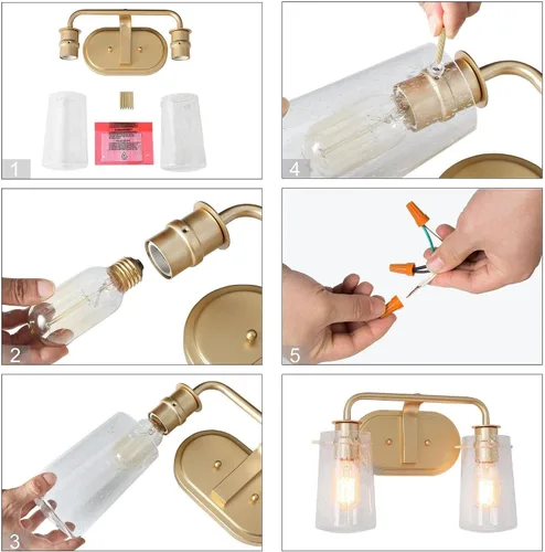 Vista 8 de KSANA Lámparas de baño, 2 luces doradas para tocador sobre espejo con pantalla de vidrio sembrado, accesorios de luz de baño dorados, bombilla E26