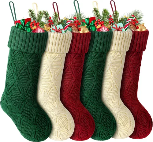 Vista 7 de Hommtina Medias de Navidad, medias de Navidad personalizadas de 18 pulgadas, de gran tamaño, punto trenzado, regalos (4 unidades, blanco y rojo)