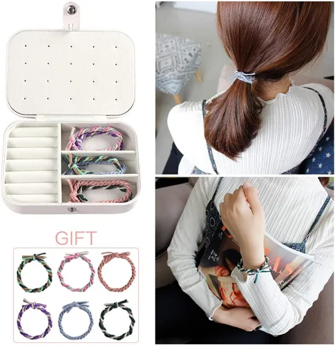 Vista 7 de DREAMGLAMOUR Joyería de viaje caja de viaje de doble capa joyero de viaje regalo para mujeres niñas con 6 pulseras de regalo collar aretes anillos