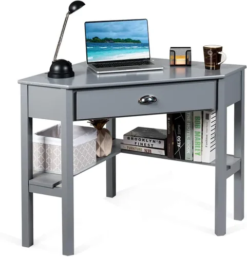 Vista 10 de Nightcore - Escritorio esquinero para espacio pequeño, escritorio de esquina de madera, mesa de escritura compacta con cajón y estantes