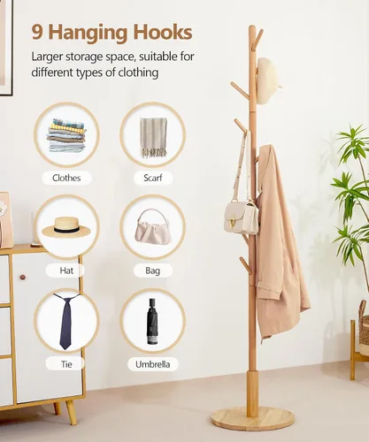 Vista 9 de Cozivolife Perchero de pie, perchero de madera con 9 ganchos y 3 alturas ajustables, abrigo de árbol de madera de haya para dormitorio, oficina