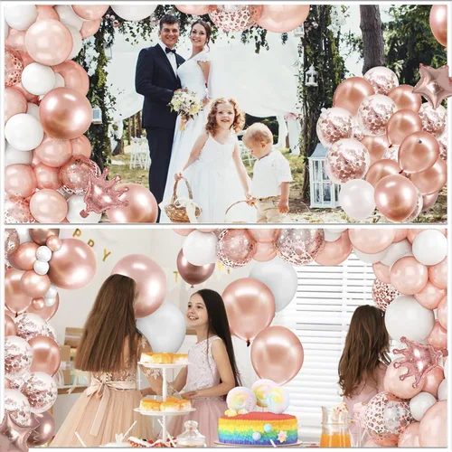 Vista 5 de Globos de cumpleaños de oro rosa, decoración de fiesta, pancarta de feliz cumpleaños, cortina de flecos, camino de mesa, globos de aluminio