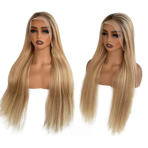 Vista 11 de Pelucas de cabello humano lacio con encaje frontal, color castaño cenizo degradado a rubio 613 con raíces oscuras 13x6 HD, peluca frontal de encaje