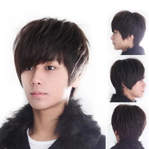 Vista 5 de E Support coreano Anime Hombres fiesta Cool Niños Full de pelo corto de Cosplay pelucas Negro