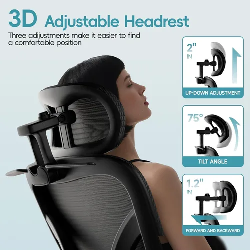 Vista 6 de Alllion Silla de oficina ergonómica de malla, silla de escritorio para el hogar cómoda con respaldo alto, soporte lumbar ajustable, reposacabezas
