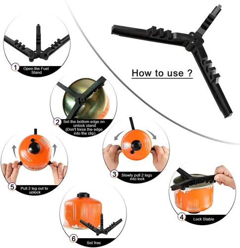 Vista 4 de Soporte universal plegable para bote de combustible, estabilizador de trípode Caudblor para estufas de camping, soporte compacto de tanque de gas