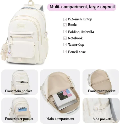 Vista 4 de Mochila PRLINJSK para niñas, mochila para estudiantes de universidad, secundaria y primaria, linda mochila estética para adolescentes y mujeres