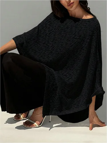 Vista 3 de MakeMeChic Ponchos para mujer, suéter de poncho transparente, chal, envolturas, cubrepiernas Negro