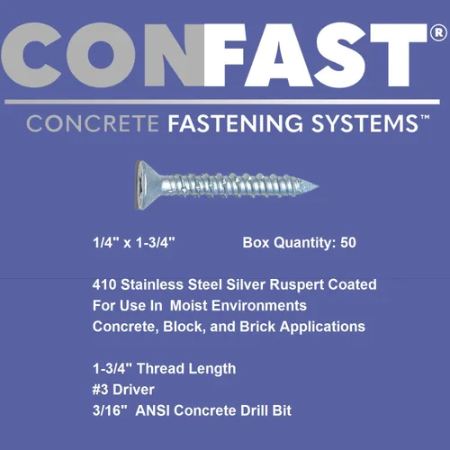 Vista 3 de CONFAST Tornillos para concreto de 1/4" x 1-3/4" de acero inoxidable 410 Phillips planos con cabeza cuadrada cóncava con broca para anclaje a
