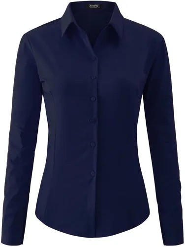 Vista 11 de Jonivey - Camisa de vestir de manga larga elástica con botones para mujer, suave, sin arrugas, para trabajo, casual, negocios, oficina