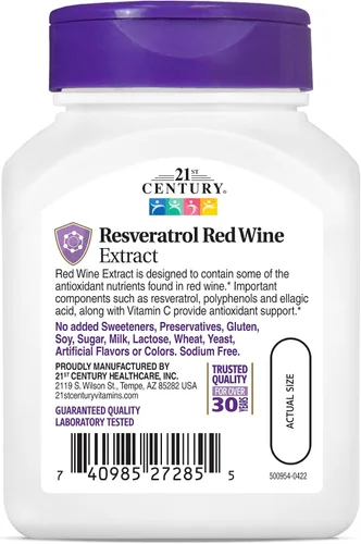 Vista 4 de 21st Century Resveratrol - Cápsulas de extracto de vino tinto - 90 unidades, paquete de 3