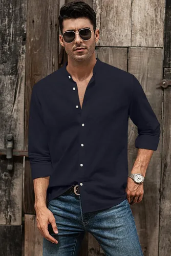 Vista 7 de JMIERR Camisas de algodón y lino para hombre, de verano, casual, de manga larga, cuello con botones, camisa de playa