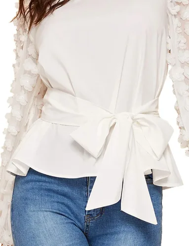 Vista 5 de Romwe Blusa de malla bordada con manga floral y cinturón para mujer