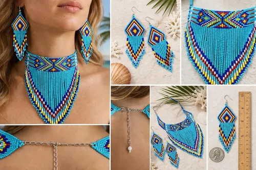 Vista 2 de Collar de Gargantilla de Estilo Nativo con Cuentas de Semillas Trenzadas Azul