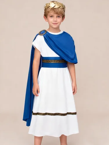Vista 7 de Disfraz griego de Toga para niños, Grecia antigua, mitos, filósofo, Roma, nobleza, cosplay Azul