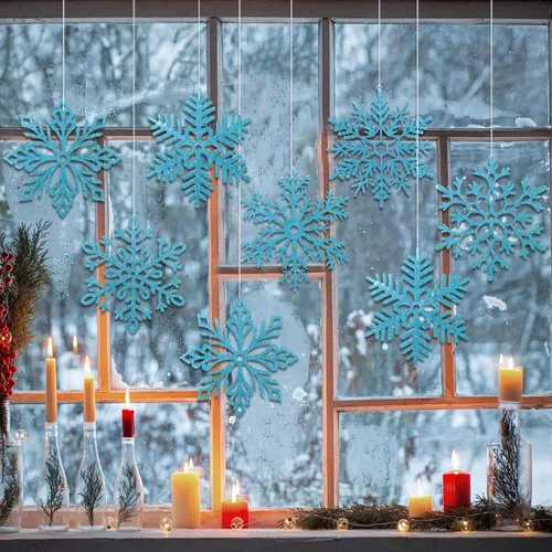 Vista 7 de Sratte 24 adornos de copo de nieve grandes de 16 pulgadas, copos de nieve colgantes decorativos con purpurina gigante, 6 diseños de adornos