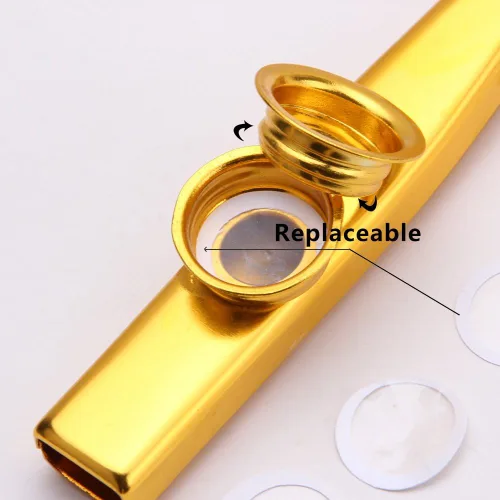 Vista 2 de Metal Kazoo instrumento musical, mirlitón pequeño y profesional con cinco repuestos de membranas para niños, regalo de Navidad, Dorado