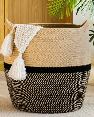 Vista 12 de KAKAMAY Cestas tejidas para almacenamiento (17 x 17 pulgadas), cesta grande de lavandería para bebé tejida con cuerda de algodón, cesta de Flecos