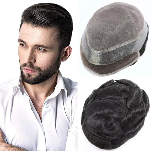 Vista 13 de HAPPY&CC Pieza del sistema de cabello humano Toupee para hombre Mono Lace #1 Negro Azabache