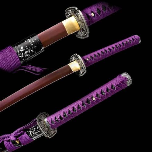 Vista 5 de Katana morada hecha a mano de espiga completa samurái japonesa larga espada de anime cuchillo de 41 pulgadas