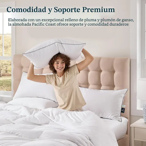 Vista 5 de Almohada de cama Pacific Coast, almohada de plumas y plumón de ganso de lujo para dormir con funda 100% de algodón, soporte medio, tamaño estándar