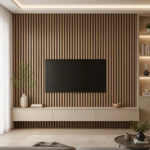 Vista 5 de Paquete de 5 paneles acústicos grandes de madera para pared de 47.2 x 23.6 x 0.4 pulgadas, paneles decorativos insonorizados que absorben el sonido