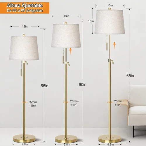 Vista 2 de Lámpara de pie dorada para sala de estar 55-65" lámpara de pie ajustable moderna de latón con cadena de tracción, lámpara de poste alta con pantalla