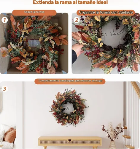 Vista 3 de Corona de otoño para puerta delantera, 24 pulgadas, hojas anchas rojas artificiales Baya Borgoña