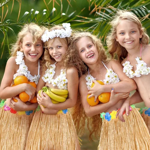 Vista 5 de Faldas de hierba de rafia natural, 4 piezas, flores tropicales, Luau Hula decoraciones para adultos, mujeres y hombres, hawaianas
