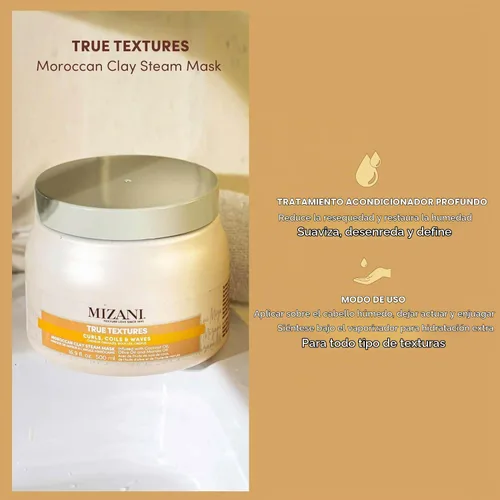 Vista 3 de Mizani True Textures - Máscara de vapor de arcilla marroquí Acondiciona y nutre profundamente, con aceite de coco, para cabello rizado, 16.9 onzas