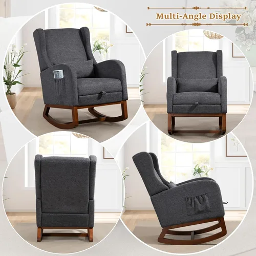 Vista 6 de Mecedora moderna para guardería, cómoda silla mecedora con reposapiés, sillón de lectura acentuado con almohada y bolsillo, mecedora tapizada