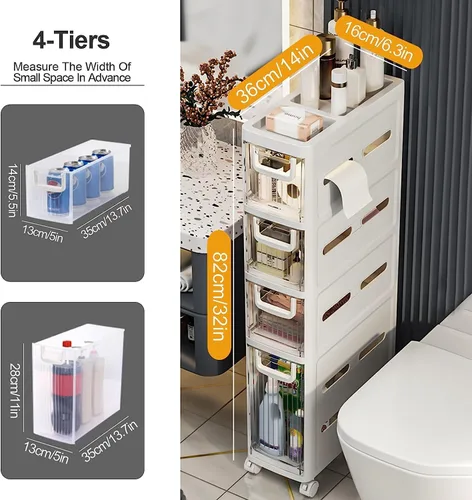 Vista 7 de Organizador de papel higiénico para gabinete de baño, gabinete de almacenamiento de papel higiénico delgado con cajones transparentes, unidad