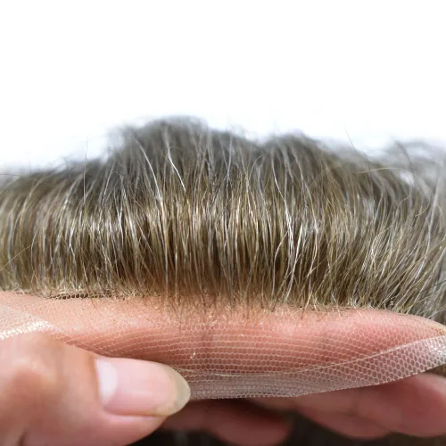 Vista 39 de Toupee para hombres, sistema de reemplazo de cabello humano Remy, nudos blanqueados, encaje frontal, piel fina, para hombre, color gris, pelucas