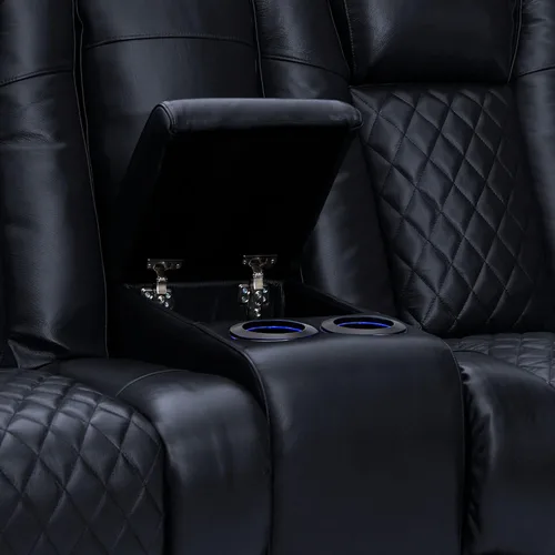 Vista 6 de Seatcraft Euphoria - Asiento de cine en casa de cuero italiano negro, reposacabezas eléctrico con calefacción y masaje, sofá biplaza reclinable