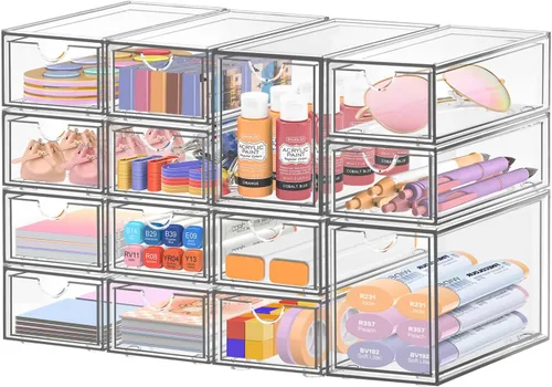 Vista 8 de Organizador de escritorio con 7 cajones, 7 paquetes de acrílico apilable, cajones de almacenamiento de escritorio, organizador de maquillaje, caja