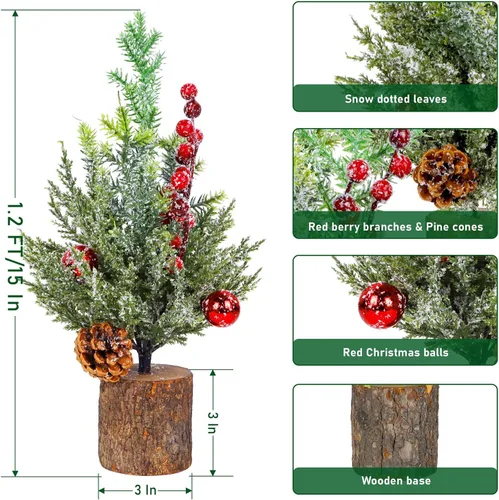 Vista 2 de Blissun Mini árbol artificial de Navidad de 15 pulgadas con luces, árbol de Navidad pequeño, pinos artificiales de Navidad con base de madera, mini