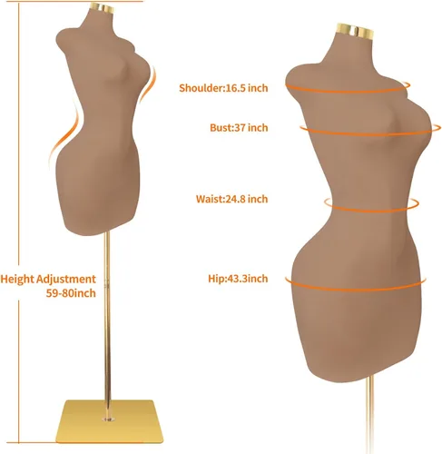 Vista 4 de Maniquí femenino sexy, torso corporal de maniquí pinable con base de metal dorado, altura ajustable de 60 a 78 pulgadas para exhibición de ropa