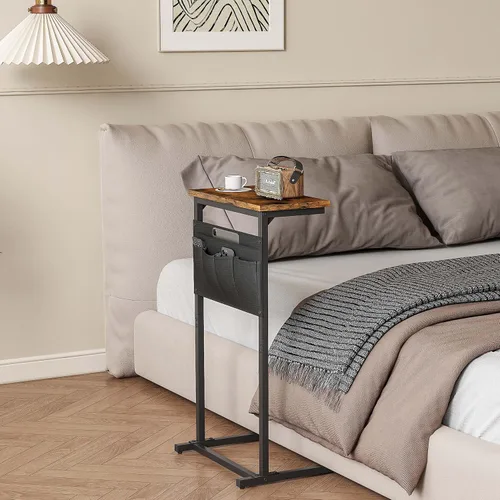 Vista 6 de Mesa auxiliar en forma de C, mesa auxiliar para sofá, bandeja de TV pequeña, mesa de sofá con bolsa de almacenamiento para espacio pequeño, sala