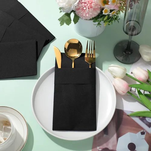 Vista 6 de Cindeer 150 Pz Servilletas de Lino Negras para Cena con Sensación de Lino, Bolsillo Plano Incorporado, Preplegadas, Toalla de Mano Desechable