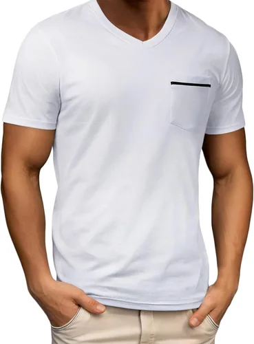 Vista 10 de Camisetas básicas de manga corta para hombre, estilo casual, color liso, cuello en V, para verano, playa, con bolsillo