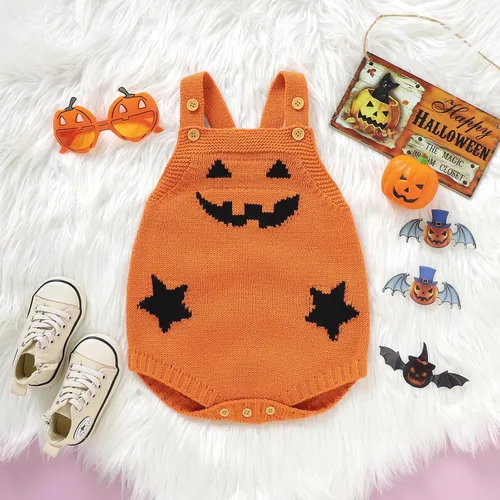 Vista 2 de Disfraz de calabaza para bebé, niña, niño, disfraz de Halloween, mameluco de punto, ropa de otoño e invierno