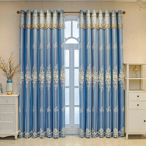 Vista 7 de Amidoudou 1 par de cortinas europeas de lujo con cenefa para sala de estar, dormitorio, cortinas bordadas de doble capa (azul, 52 x 84 pulgadas)