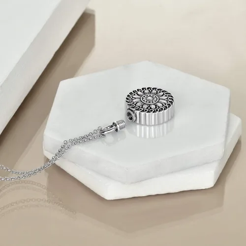 Vista 16 de Collar de urna de girasol de plata de ley para cenizas, joyería de cremación de flores rosas para cenizas