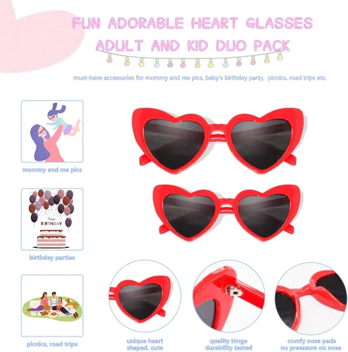Vista 4 de Lentes de sol de moda con forma de corazón rosa para hombres y mujeres, paquete dúo de lentes retro para mamá y yo